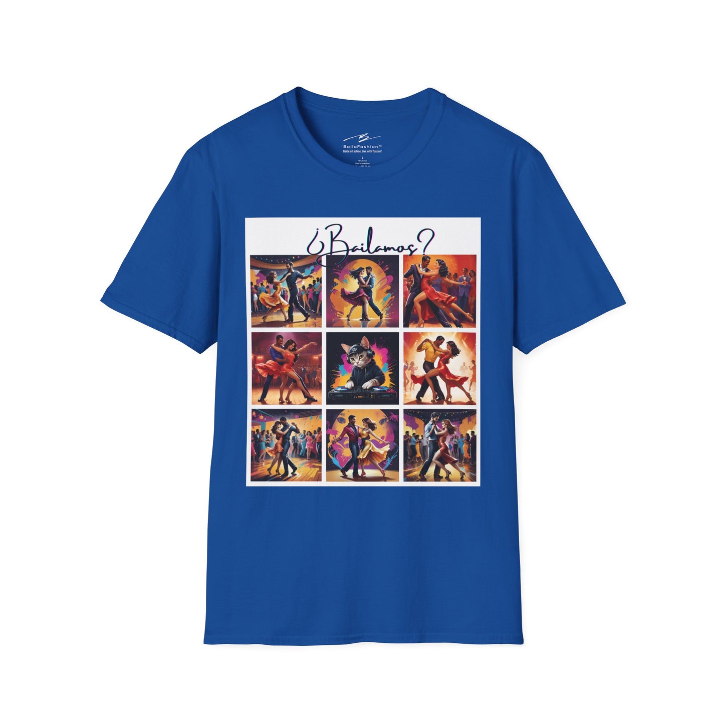 Bailamos? Latin Dance Collage T-Shirt | DJ Cat Salsa Bachata Scenes | Vibrant Dancer Art | BailaFashion Streetwear | Dance Practice Tee