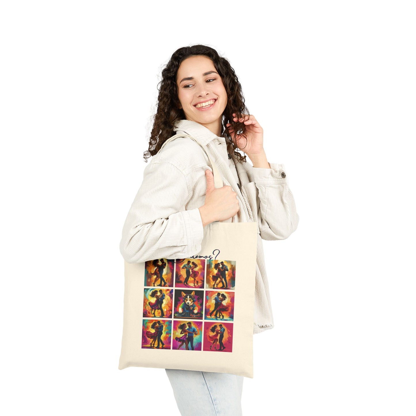 Bailamos Latin Dance Collage Tote Bag | Modern Dance Art | Colorful Couple Illustrations | DJ Dog Design | BailaFashion Dance Lifestyle