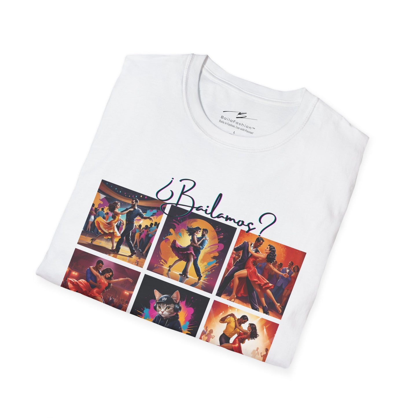 Bailamos? Latin Dance Collage T-Shirt | DJ Cat Salsa Bachata Scenes | Vibrant Dancer Art | BailaFashion Streetwear | Dance Practice Tee