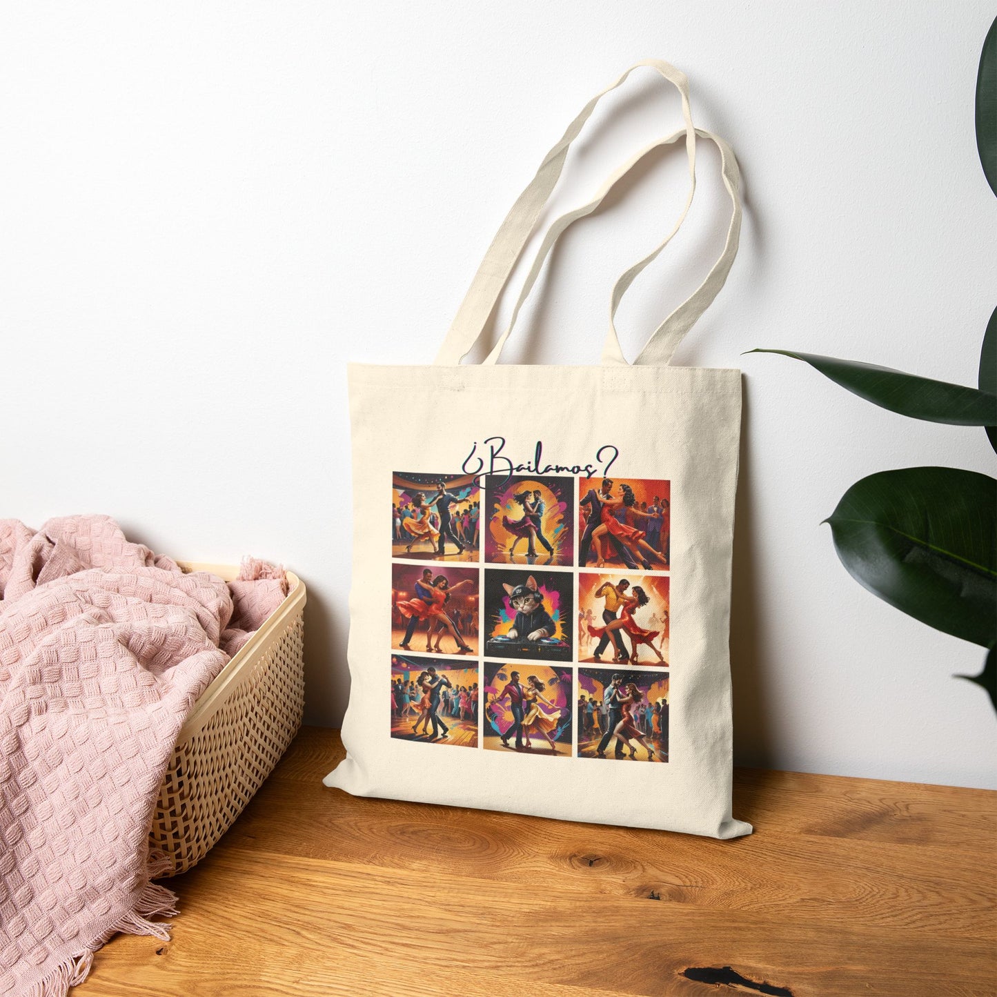 Bailamos Salsa Dance Grid Tote Bag | DJ Cat Collage Art | Latin Dance Couple Illustration | Dancer Gift | BailaFashion Dance Lifestyle