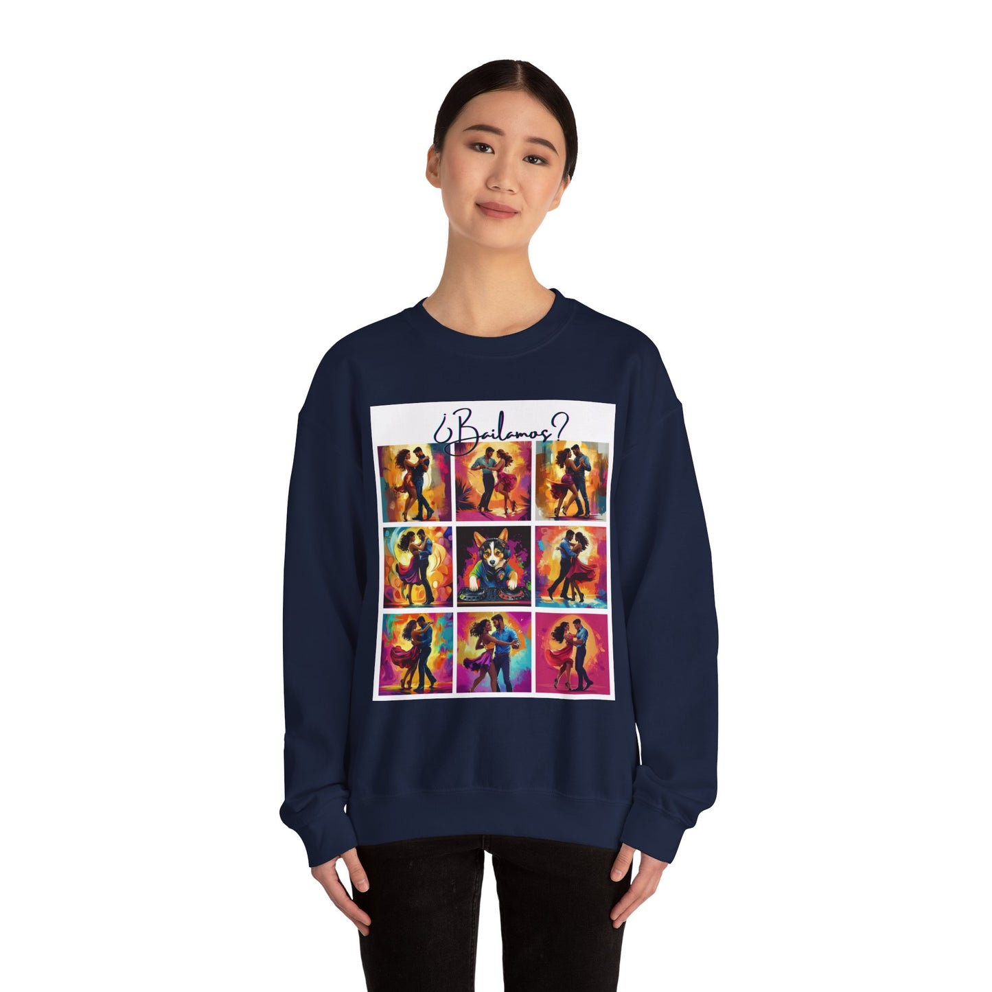 Bailamos? Latin Dance Collage Sweatshirt | DJ Corgi Salsa Bachata Art | Colorful Dance Couple | BailaFashion Sweater | Dance Practice Wear