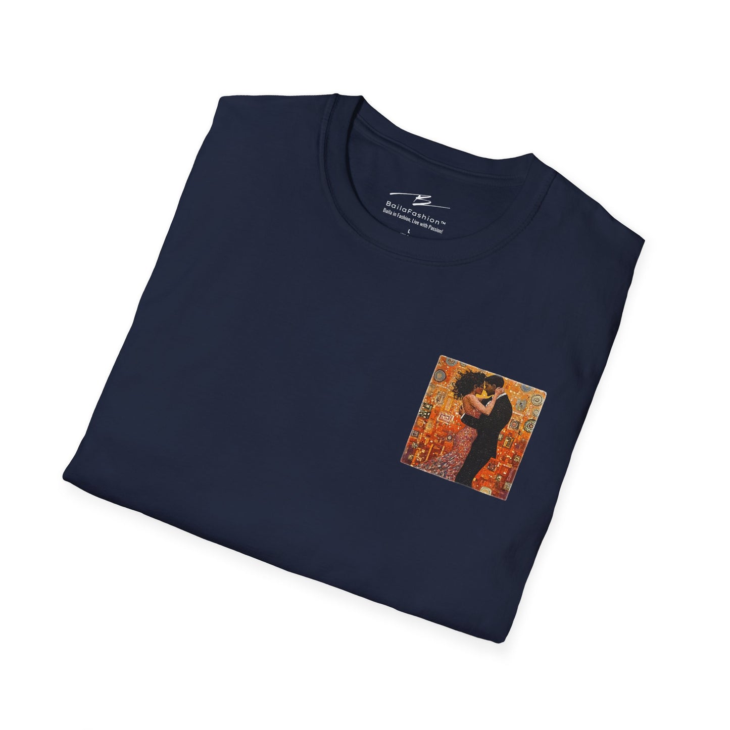Amber Embrace Pocket Print T-Shirt | Klimt-Inspired Latin Dance Art | Salsa Bachata Couple Top | Unisex Studio Wear | Dance Lifestyle