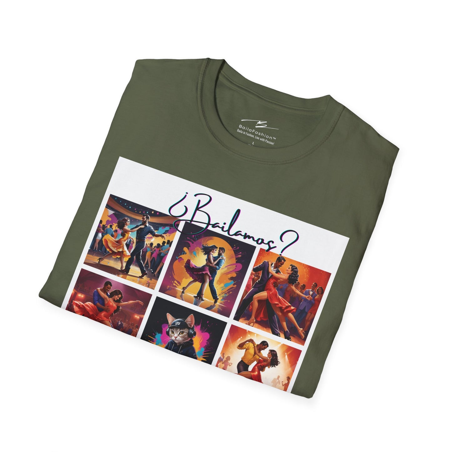 Bailamos? Latin Dance Collage T-Shirt | DJ Cat Salsa Bachata Scenes | Vibrant Dancer Art | BailaFashion Streetwear | Dance Practice Tee