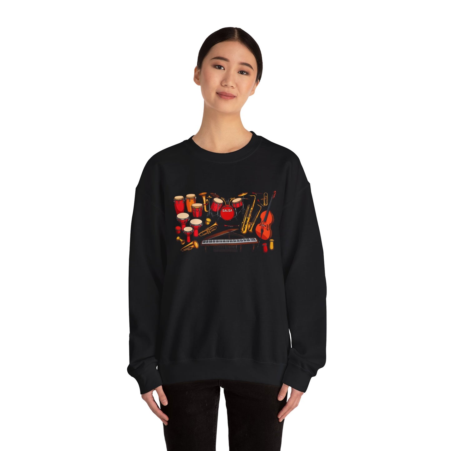 Salsa Orchestra Instruments Sweatshirt | Latin Music Band Art | Musician Dancer Gift | Vibrant Red Gold Design | Comfy Casual Couple Wear