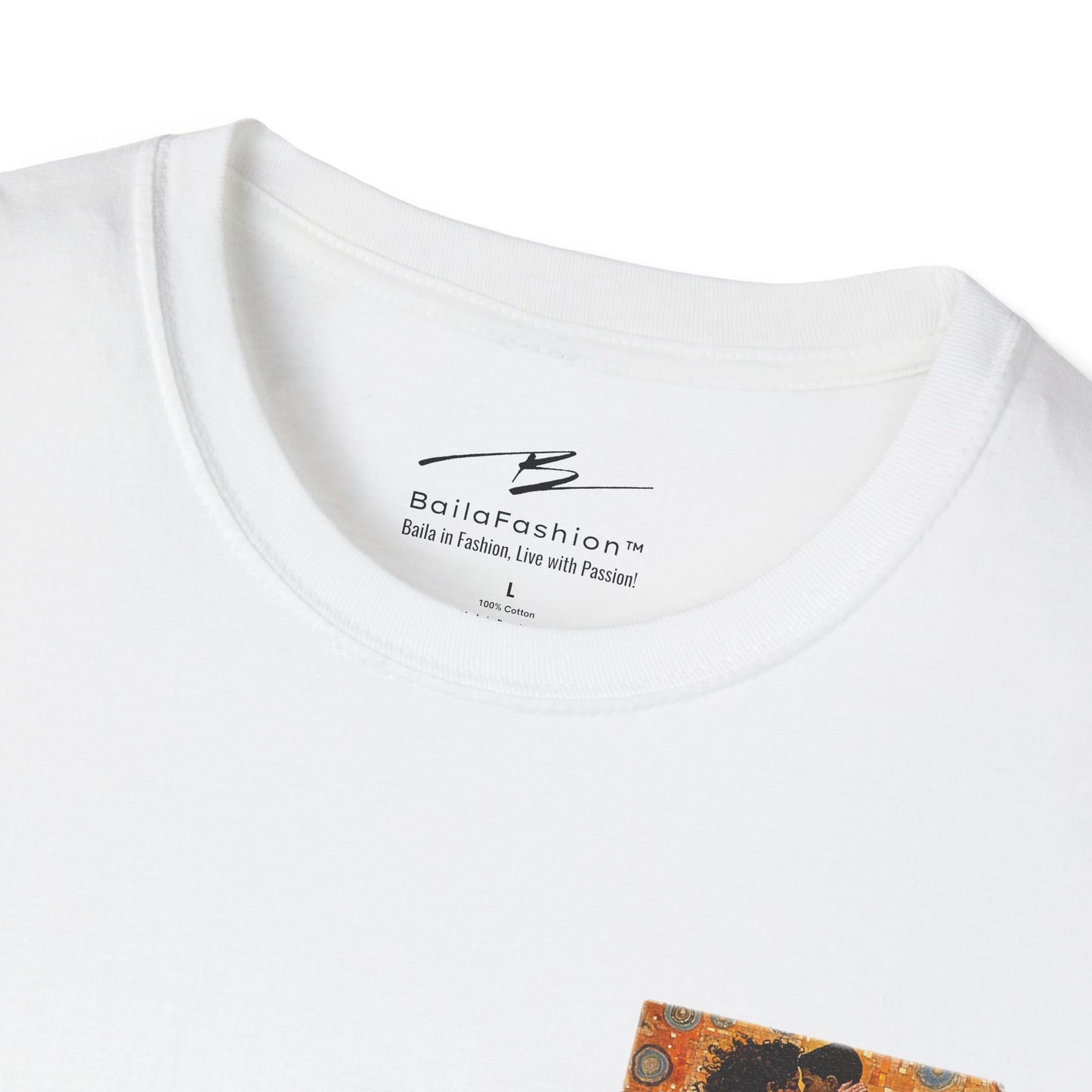 Amber Embrace Pocket Print T-Shirt | Klimt-Inspired Latin Dance Art | Salsa Bachata Couple Top | Unisex Studio Wear | Dance Lifestyle