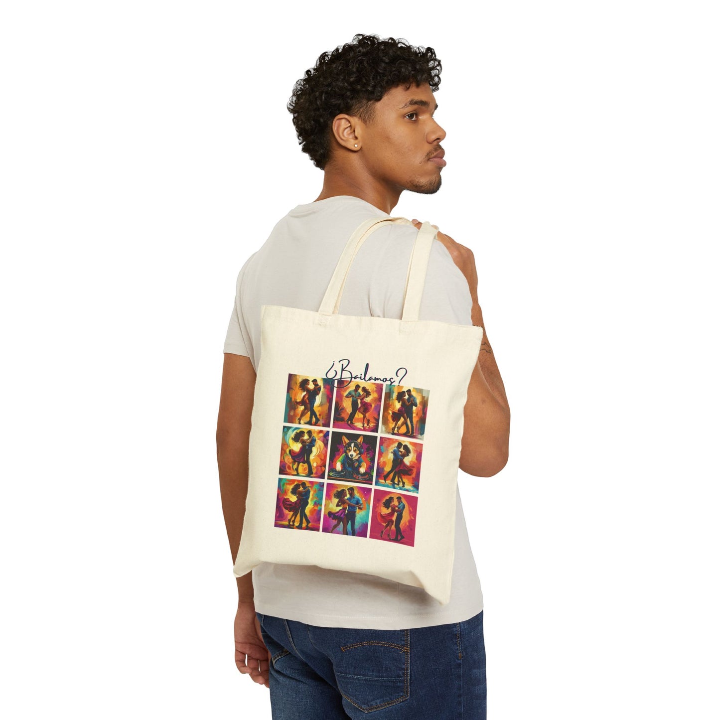 Bailamos Latin Dance Collage Tote Bag | Modern Dance Art | Colorful Couple Illustrations | DJ Dog Design | BailaFashion Dance Lifestyle