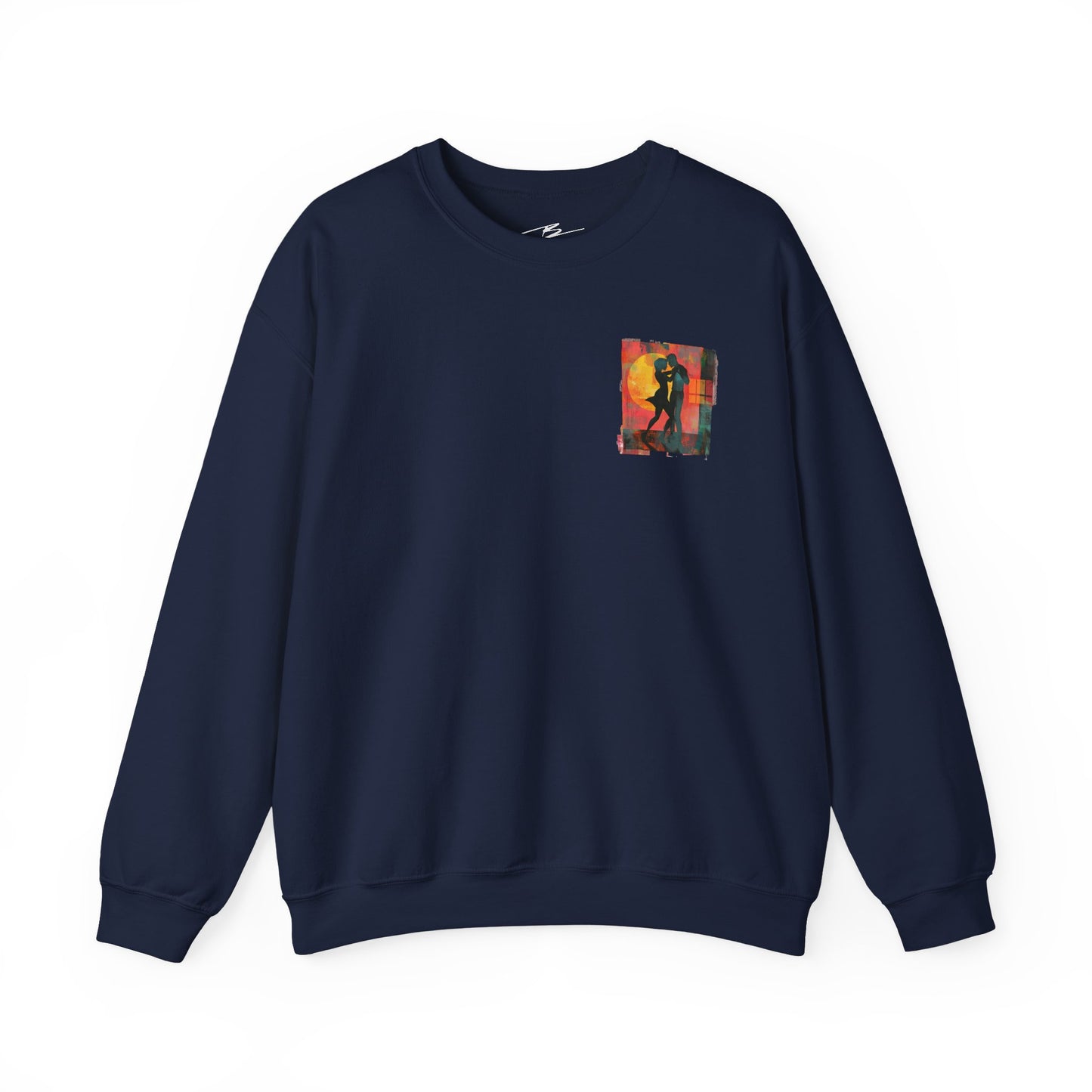 Sunset Romance Pocket Print Sweatshirt | Latin Dance Couple Silhouette | Salsa Bachata Jazz HipHop Lovers | White Crewneck | BailaFashion