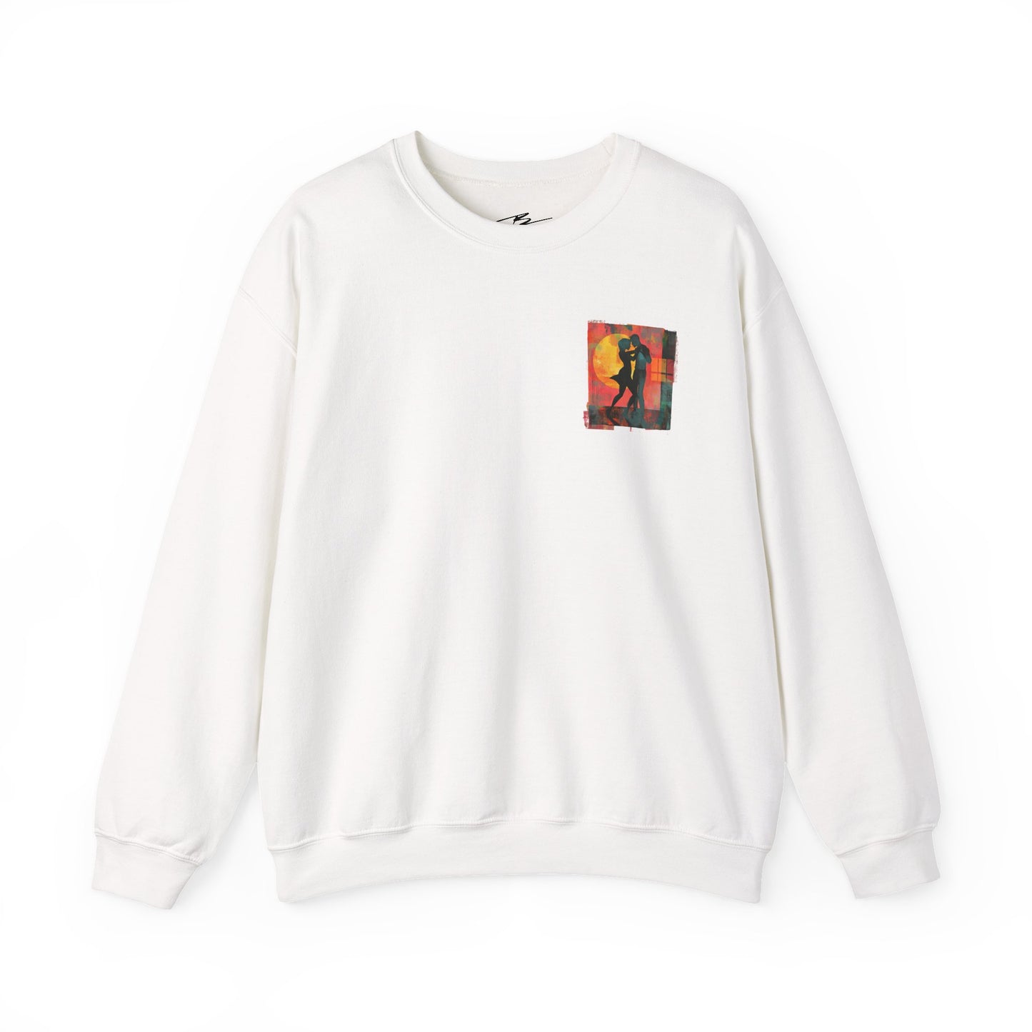 Sunset Romance Pocket Print Sweatshirt | Latin Dance Couple Silhouette | Salsa Bachata Jazz HipHop Lovers | White Crewneck | BailaFashion