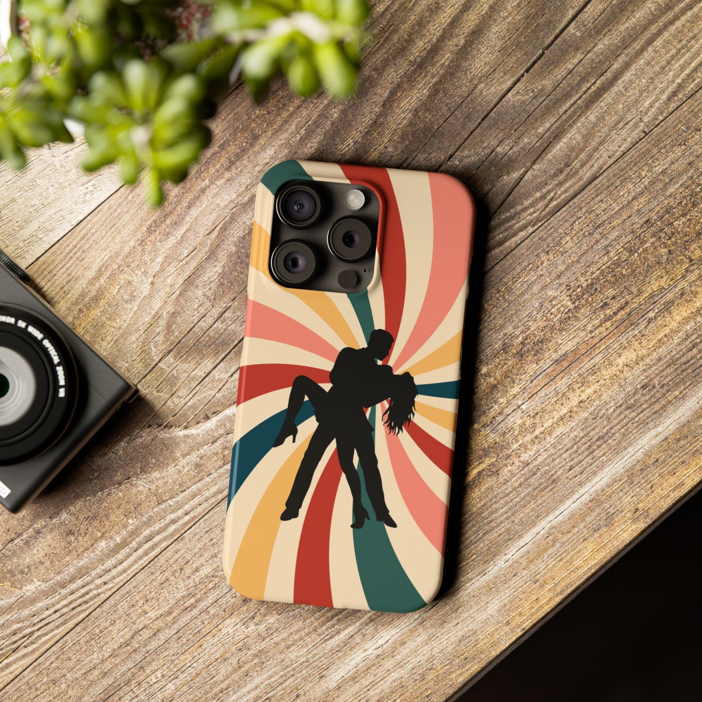 Dramatic Dip iPhone Case | Retro Swirl Background | Latin Dance Silhouettes | Vintage Dance Art | BailaFashion Dance Lifestyle