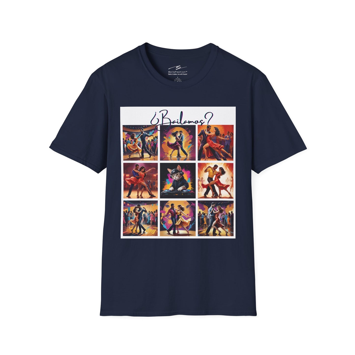 Bailamos? Latin Dance Collage T-Shirt | DJ Cat Salsa Bachata Scenes | Vibrant Dancer Art | BailaFashion Streetwear | Dance Practice Tee