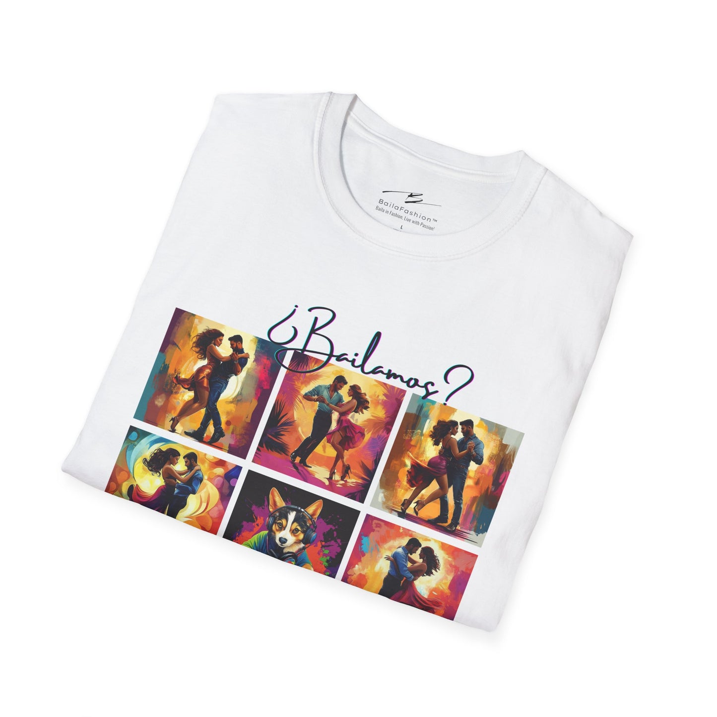 Bailamos? Latin Dance Collage T-Shirt | DJ Dog Salsa Bachata Scenes | Vibrant Dance Art | BailaFashion Streetwear | Dance Practice Tee