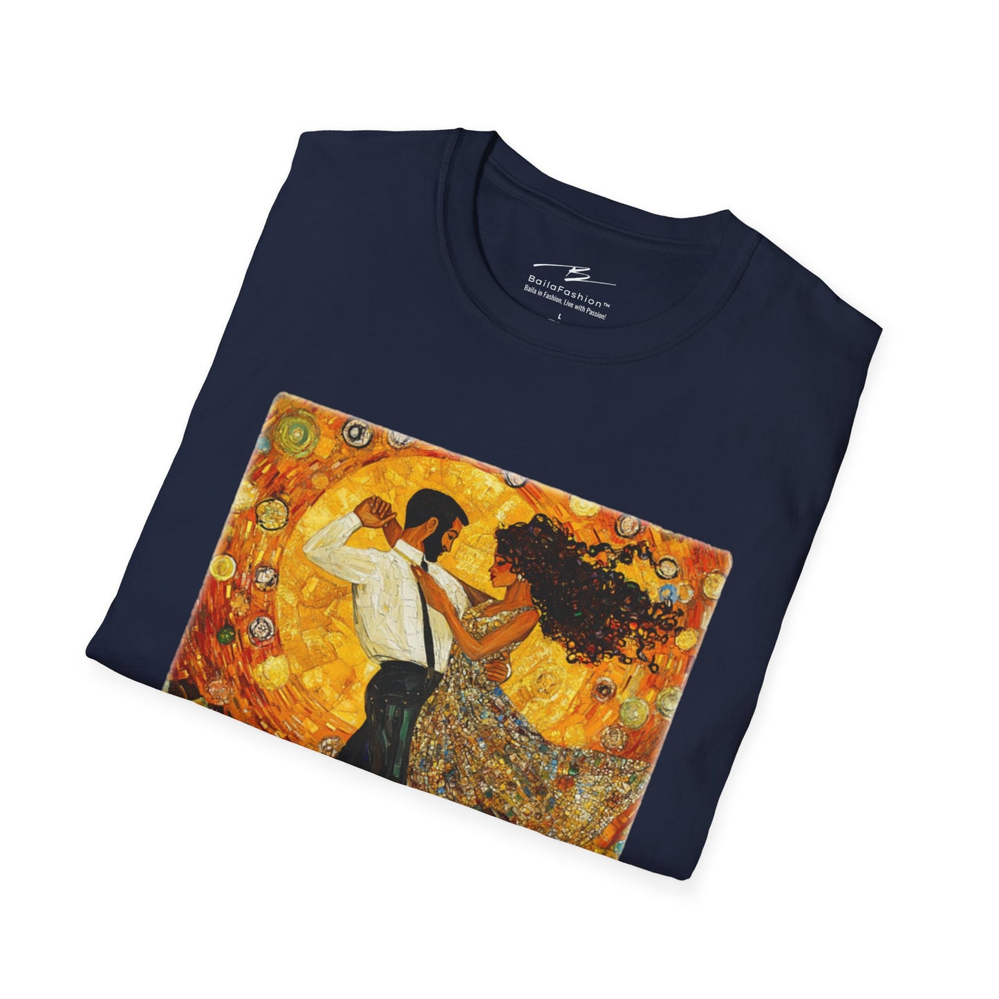 Golden Rhythms Art T-Shirt | Klimt-Inspired Latin Dance Art | Salsa Bachata Couple | Dance Lifestyle StreetWear | BailaFashion Casual Wear