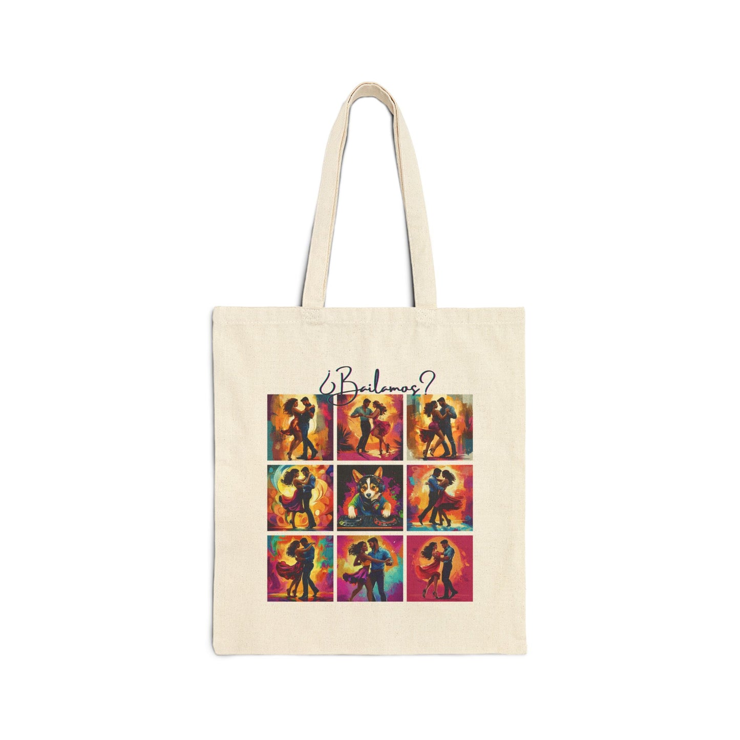 Bailamos Latin Dance Collage Tote Bag | Modern Dance Art | Colorful Couple Illustrations | DJ Dog Design | BailaFashion Dance Lifestyle