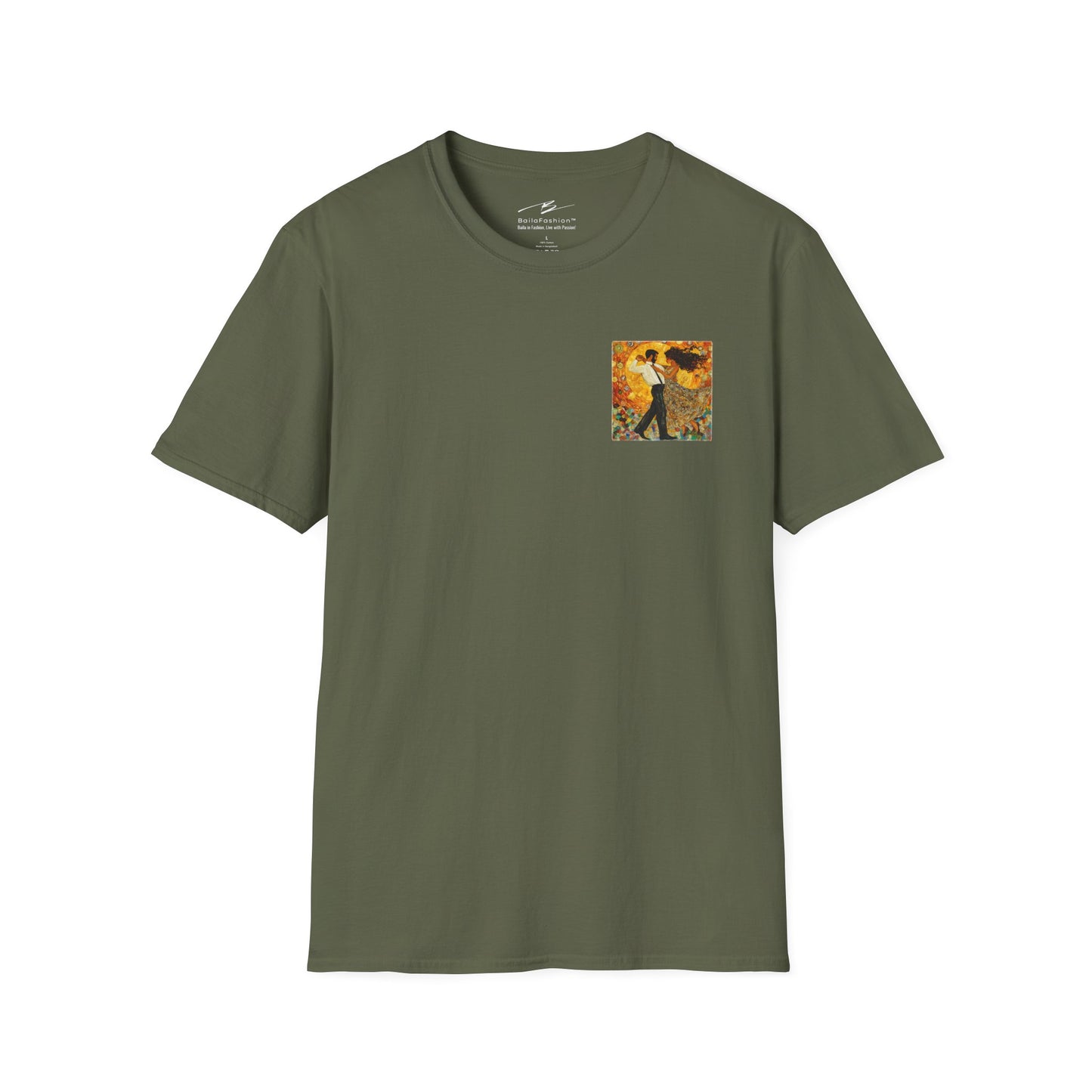 Golden Rhythm Pocket Print T-Shirt | Klimt-Inspired Latin Dance Art | Salsa Bachata Couple Top | Unisex Practice Tee | Studio Dance Wear