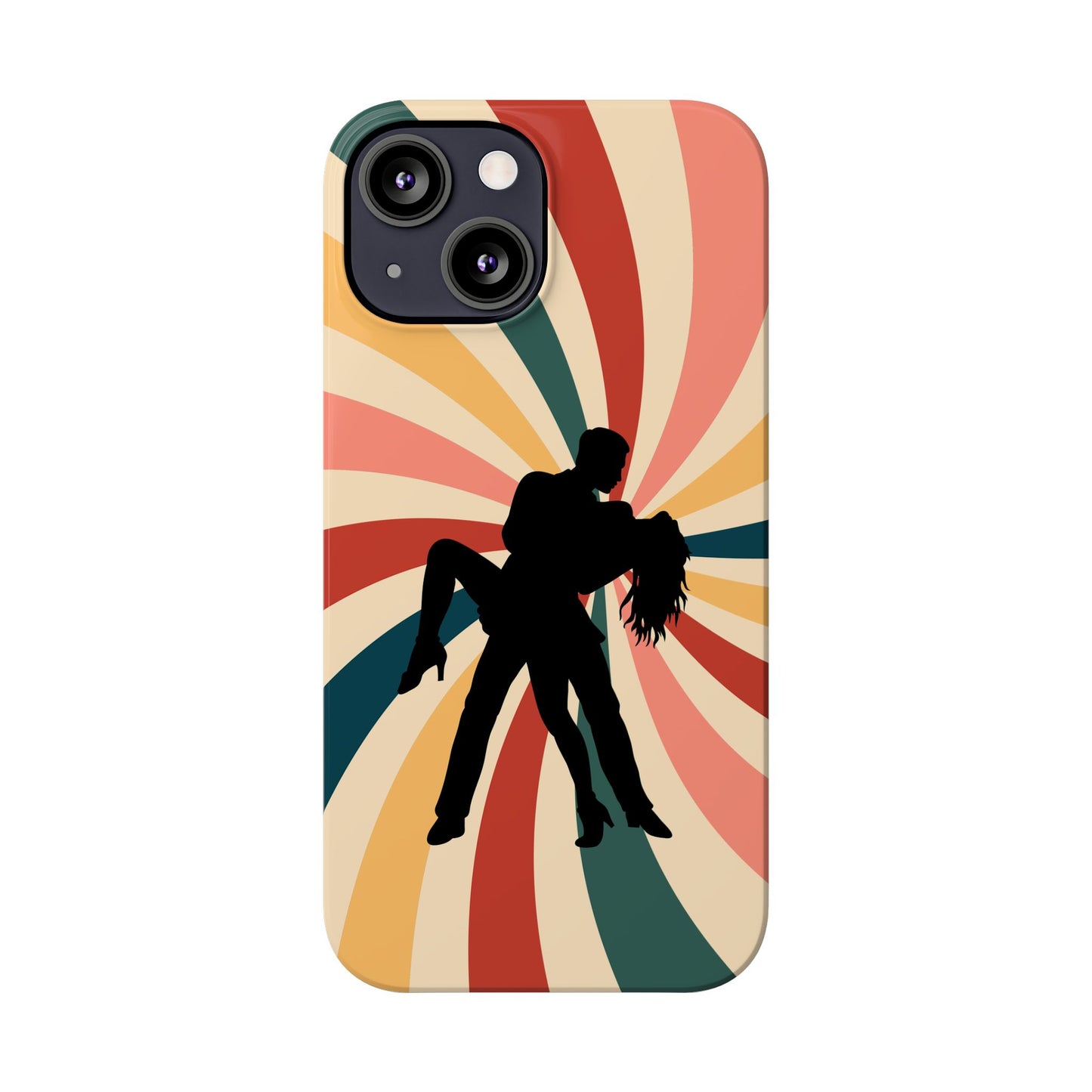 Dramatic Dip iPhone Case | Retro Swirl Background | Latin Dance Silhouettes | Vintage Dance Art | BailaFashion Dance Lifestyle