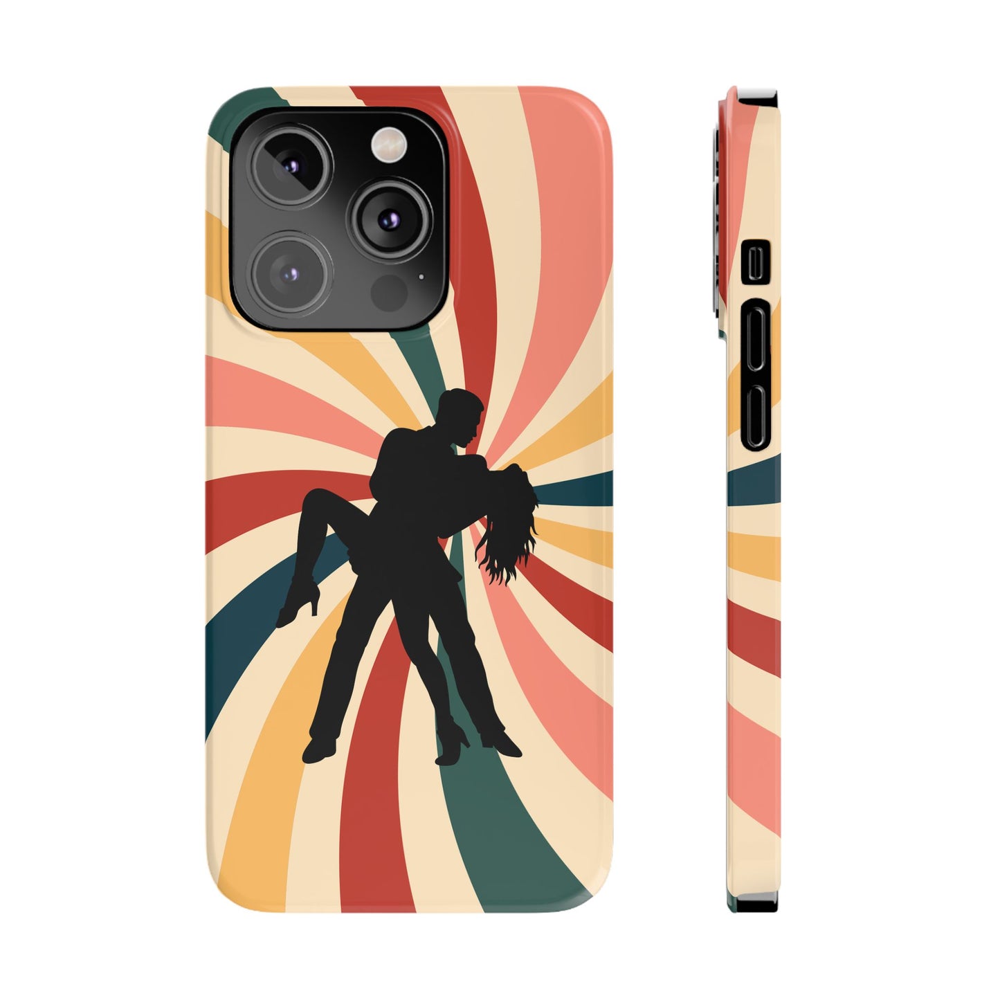 Dramatic Dip iPhone Case | Retro Swirl Background | Latin Dance Silhouettes | Vintage Dance Art | BailaFashion Dance Lifestyle