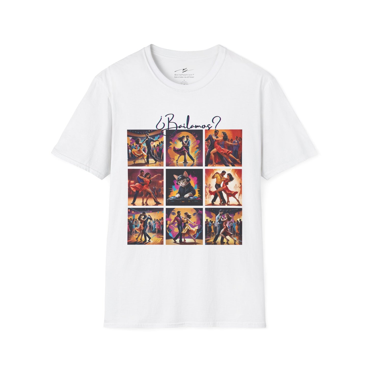 Bailamos? Latin Dance Collage T-Shirt | DJ Cat Salsa Bachata Scenes | Vibrant Dancer Art | BailaFashion Streetwear | Dance Practice Tee