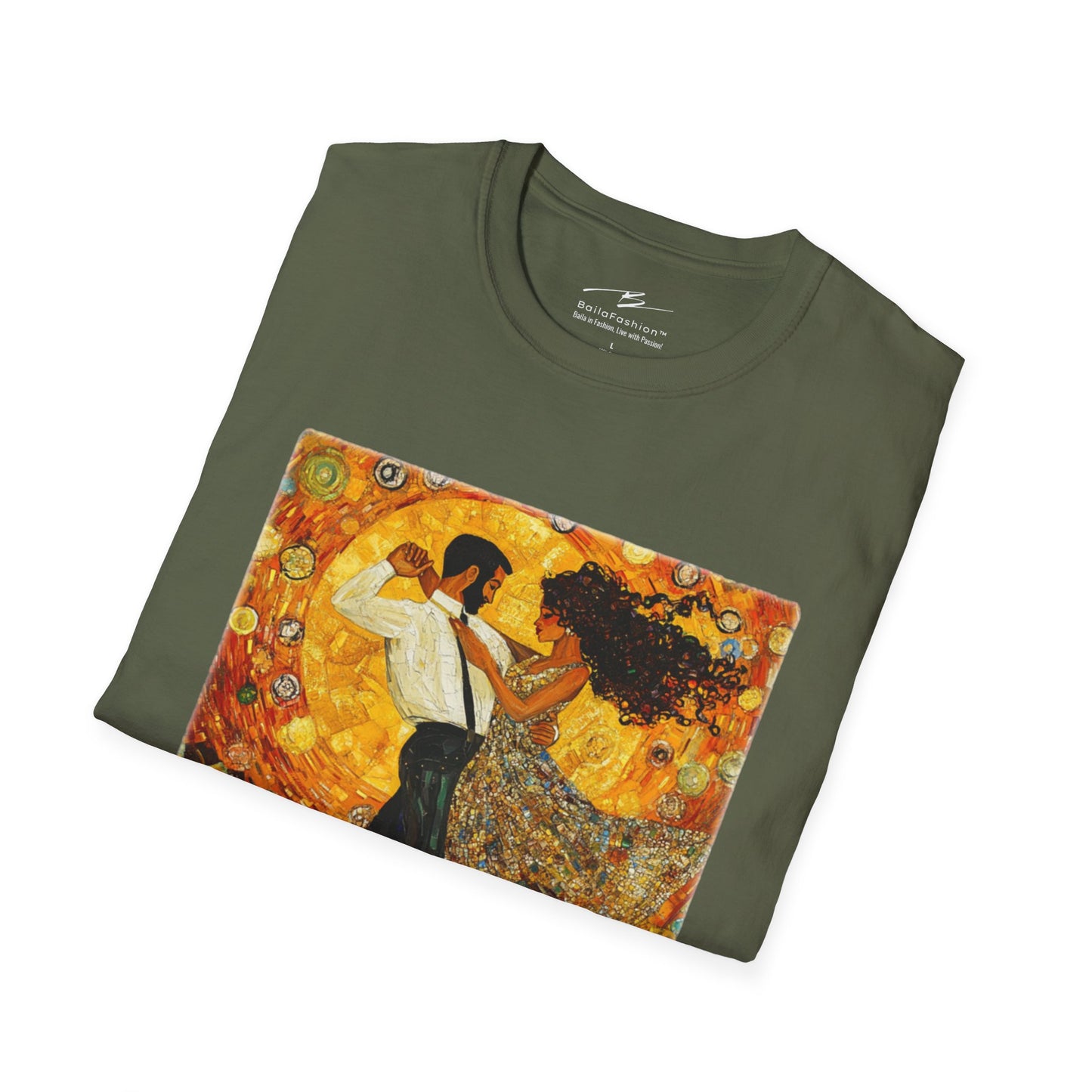 Golden Rhythms Art T-Shirt | Klimt-Inspired Latin Dance Art | Salsa Bachata Couple | Dance Lifestyle StreetWear | BailaFashion Casual Wear