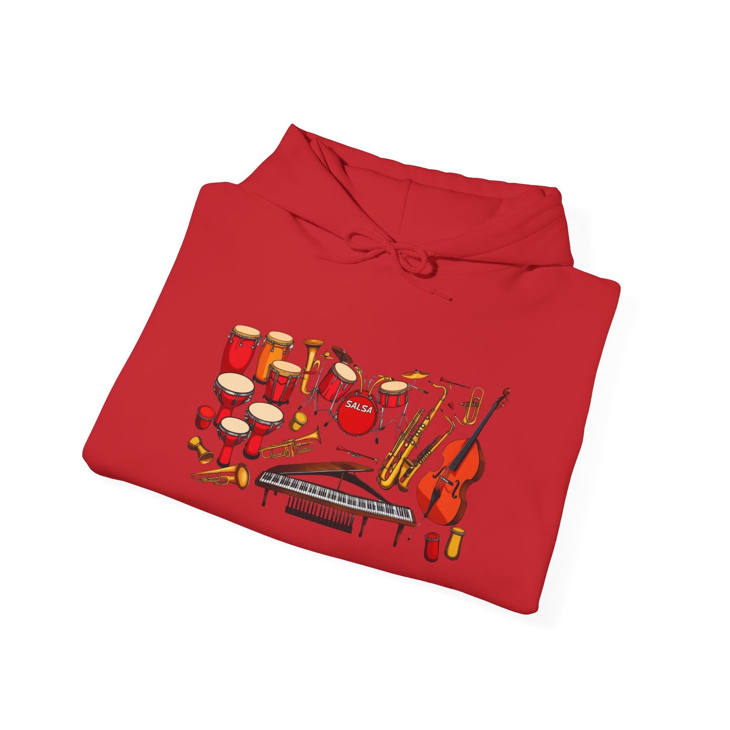 Salsa Orchestra Instruments Hoodie | Latin Music Band Art | Musician Dancer Gift | Vibrant Red Gold Design | BailaFashion Comfy Couple Wear