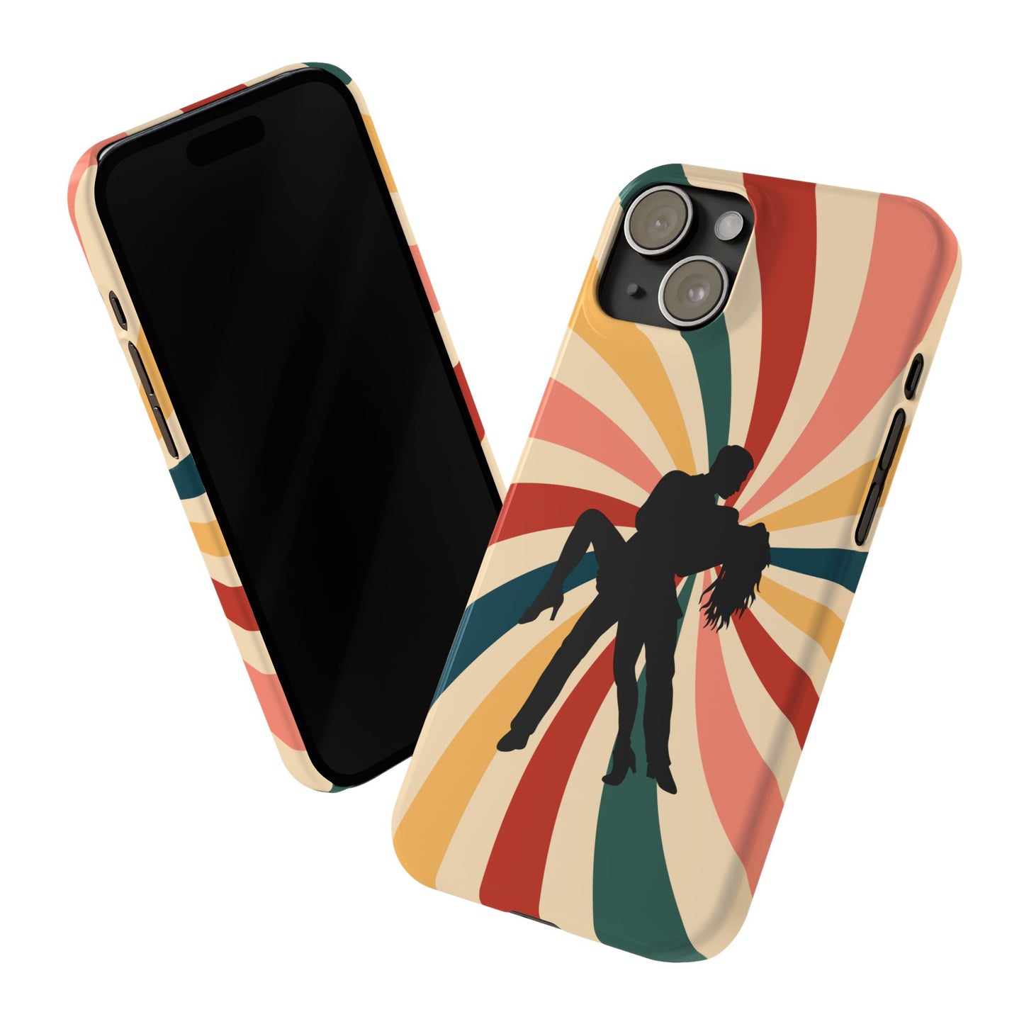 Dramatic Dip iPhone Case | Retro Swirl Background | Latin Dance Silhouettes | Vintage Dance Art | BailaFashion Dance Lifestyle