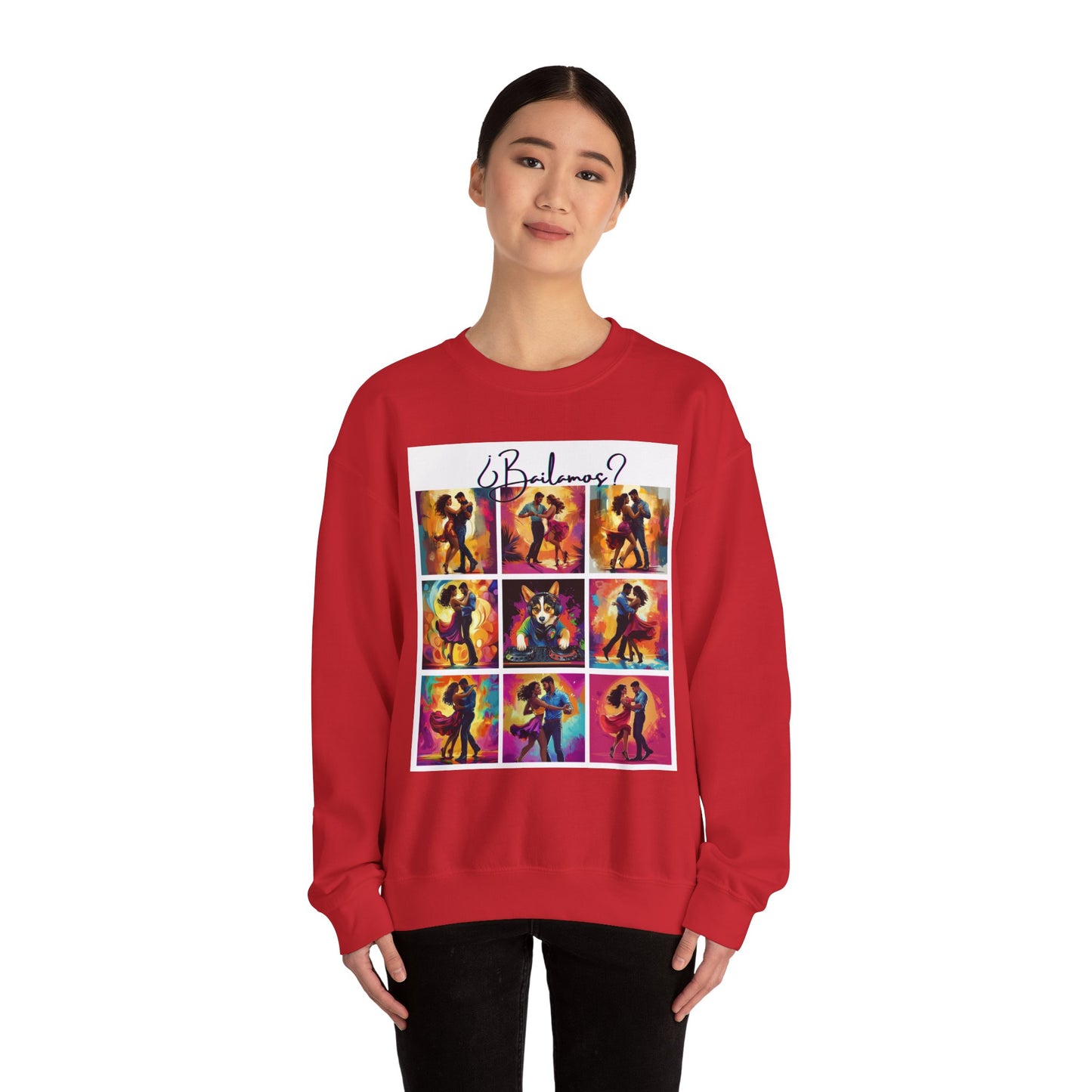 Bailamos? Latin Dance Collage Sweatshirt | DJ Corgi Salsa Bachata Art | Colorful Dance Couple | BailaFashion Sweater | Dance Practice Wear