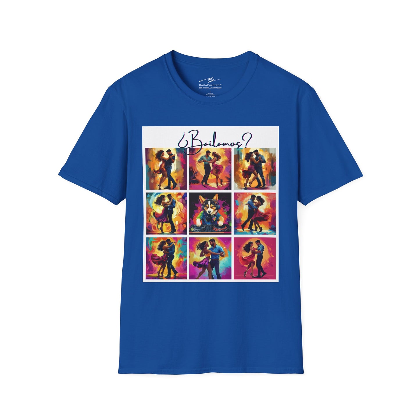 Bailamos? Latin Dance Collage T-Shirt | DJ Dog Salsa Bachata Scenes | Vibrant Dance Art | BailaFashion Streetwear | Dance Practice Tee