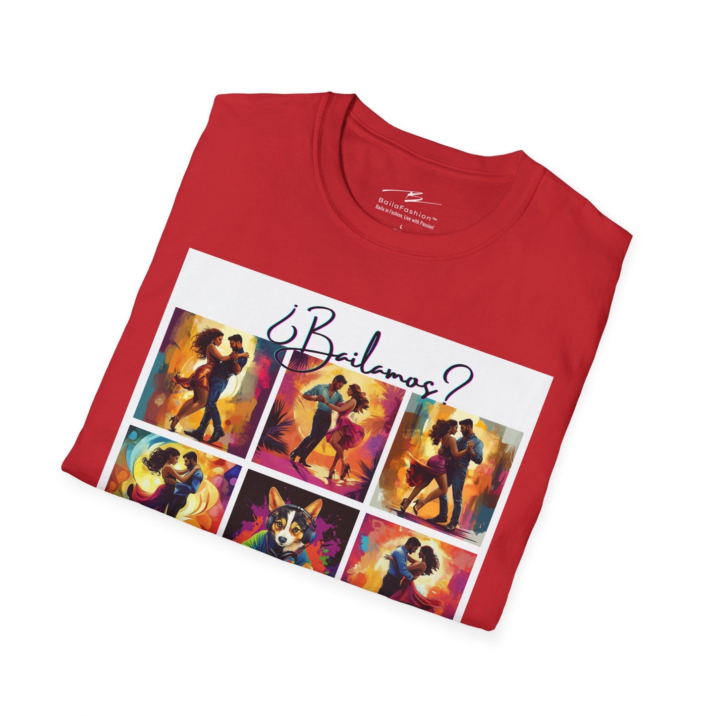 Bailamos? Latin Dance Collage T-Shirt | DJ Dog Salsa Bachata Scenes | Vibrant Dance Art | BailaFashion Streetwear | Dance Practice Tee