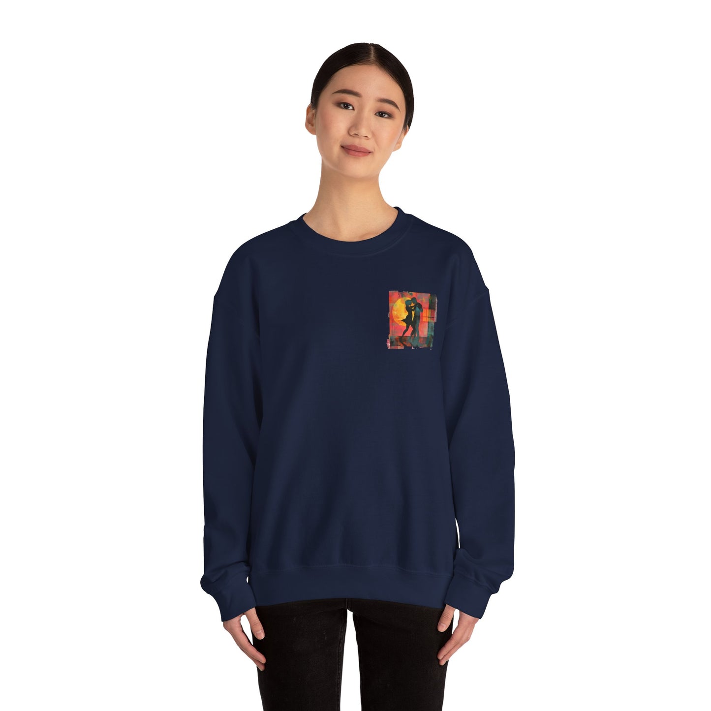 Sunset Romance Pocket Print Sweatshirt | Latin Dance Couple Silhouette | Salsa Bachata Jazz HipHop Lovers | White Crewneck | BailaFashion