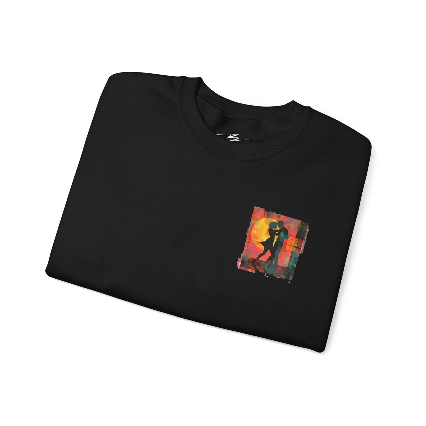 Sunset Romance Pocket Print Sweatshirt | Latin Dance Couple Silhouette | Salsa Bachata Jazz HipHop Lovers | White Crewneck | BailaFashion