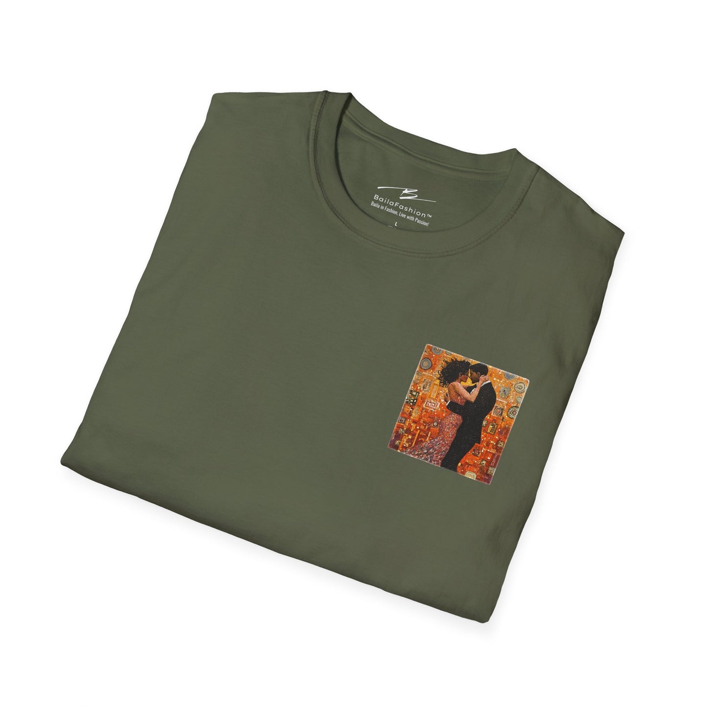 Amber Embrace Pocket Print T-Shirt | Klimt-Inspired Latin Dance Art | Salsa Bachata Couple Top | Unisex Studio Wear | Dance Lifestyle