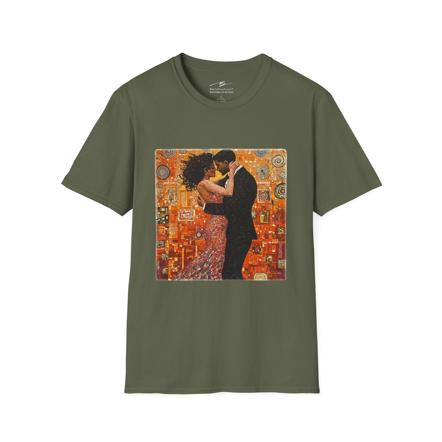 Amber Embrace T-Shirt | Klimt-Inspired Latin Dance Art | Salsa Bachata Couple | Dance Practice Wear | BailaFashion Streewear | Unisex Tee