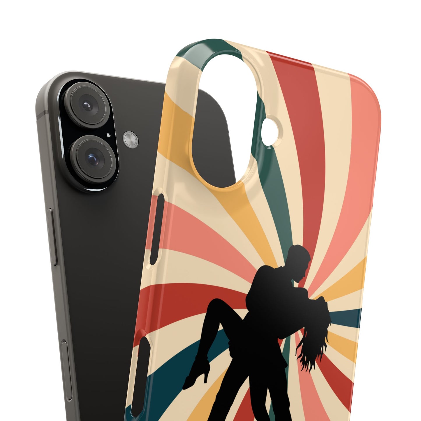 Dramatic Dip iPhone Case | Retro Swirl Background | Latin Dance Silhouettes | Vintage Dance Art | BailaFashion Dance Lifestyle