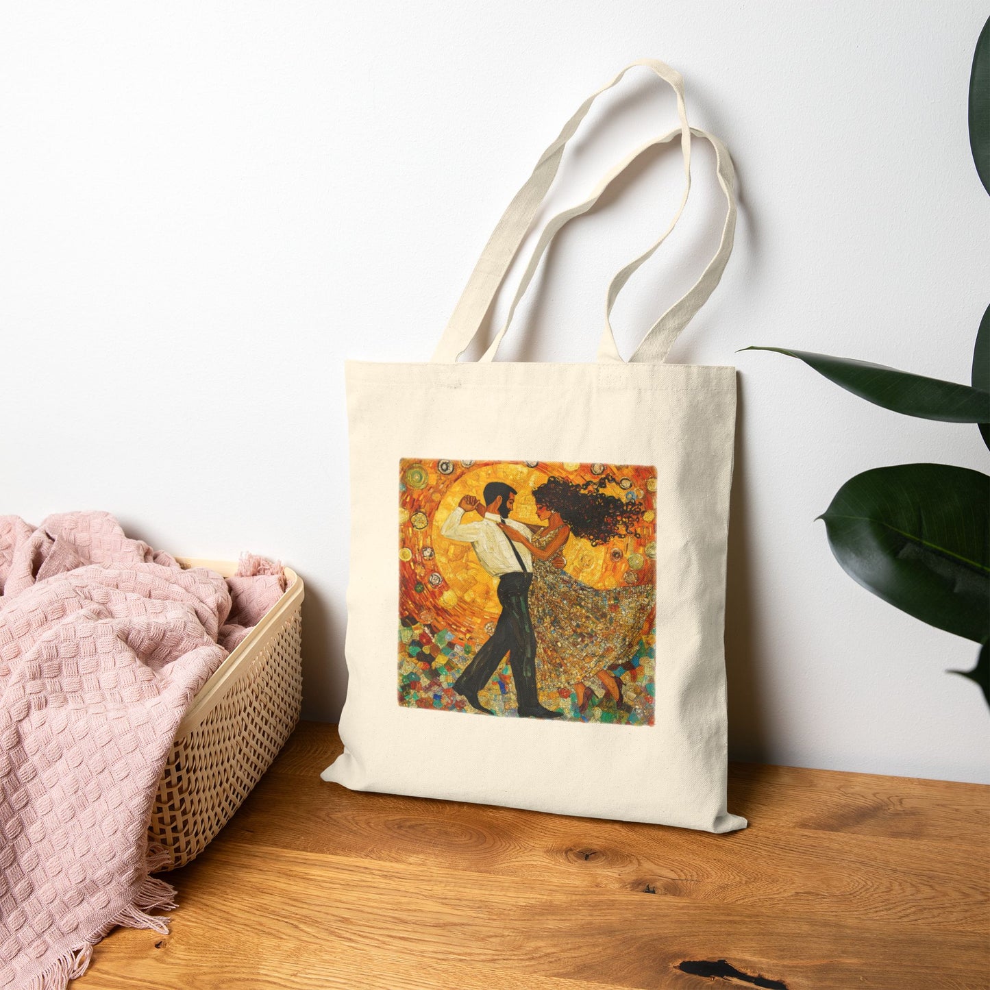 Golden Rhythm Couple Tote Bag | Mosaic Latin Dancers Art | Klimt-Inspired Dance Bag | Salsa Bachata Carry All | BailaFashion Dance Lifestyle