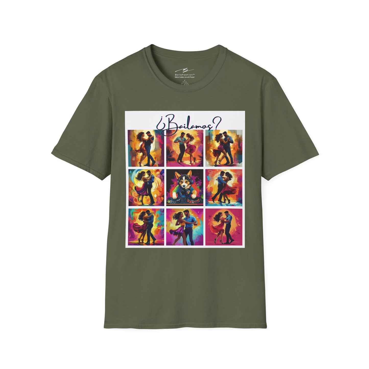 Bailamos? Latin Dance Collage T-Shirt | DJ Dog Salsa Bachata Scenes | Vibrant Dance Art | BailaFashion Streetwear | Dance Practice Tee