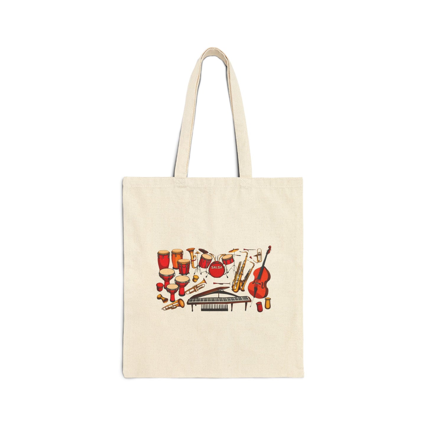 Salsa Orchestra Instruments Tote Bag | Latin Music Band Art | Musician Dancer Gift | Vibrant Red Gold Design | Cotton Canvas Tote Bag