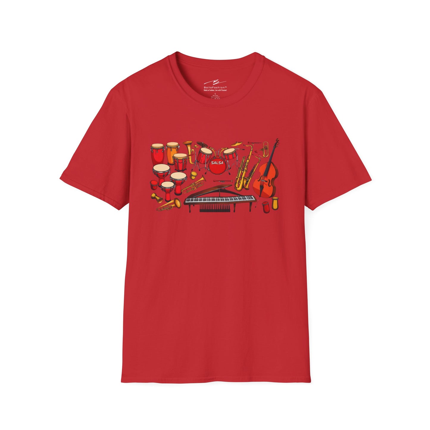 Salsa Orchestra Instruments T-Shirt | Latin Music Band Art | Musician Dancer Gift | Vibrant Red Gold Design | Comfy Couple Casual Wear