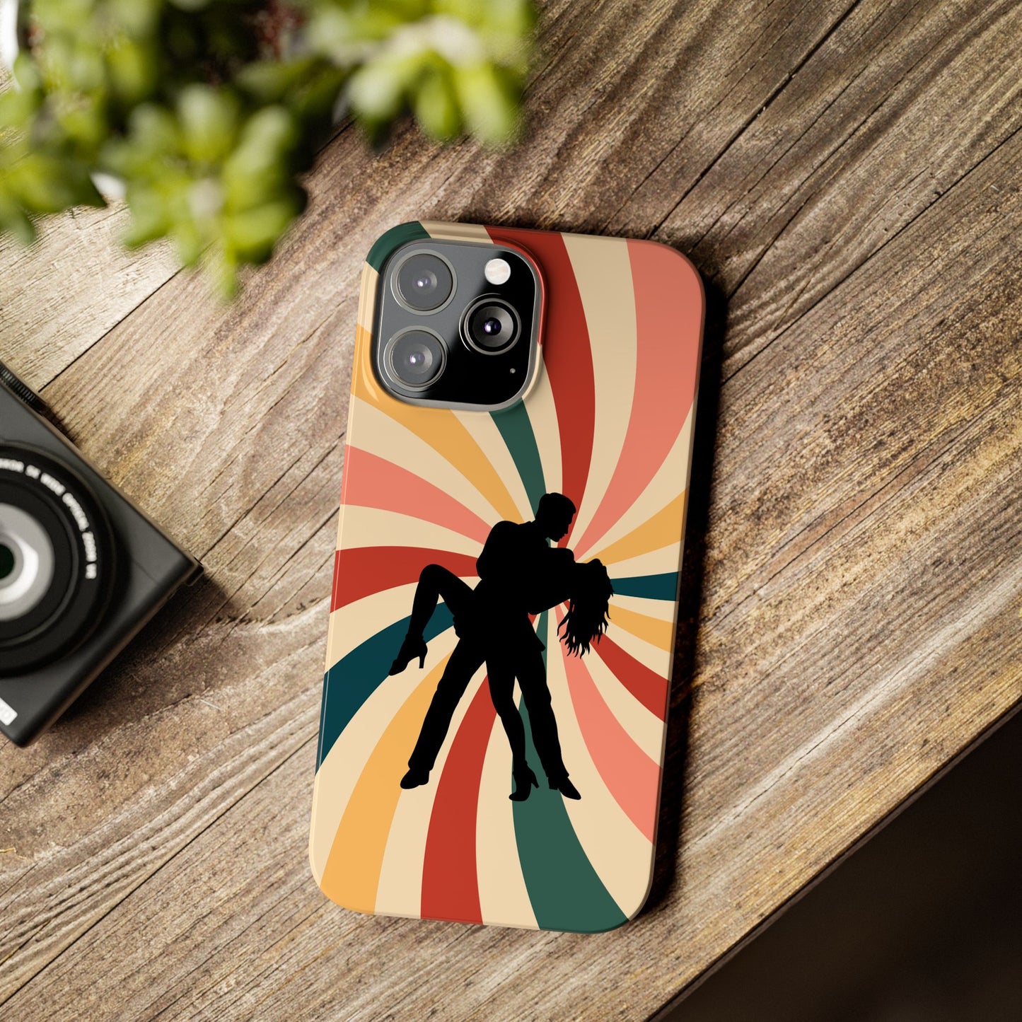 Dramatic Dip iPhone Case | Retro Swirl Background | Latin Dance Silhouettes | Vintage Dance Art | BailaFashion Dance Lifestyle