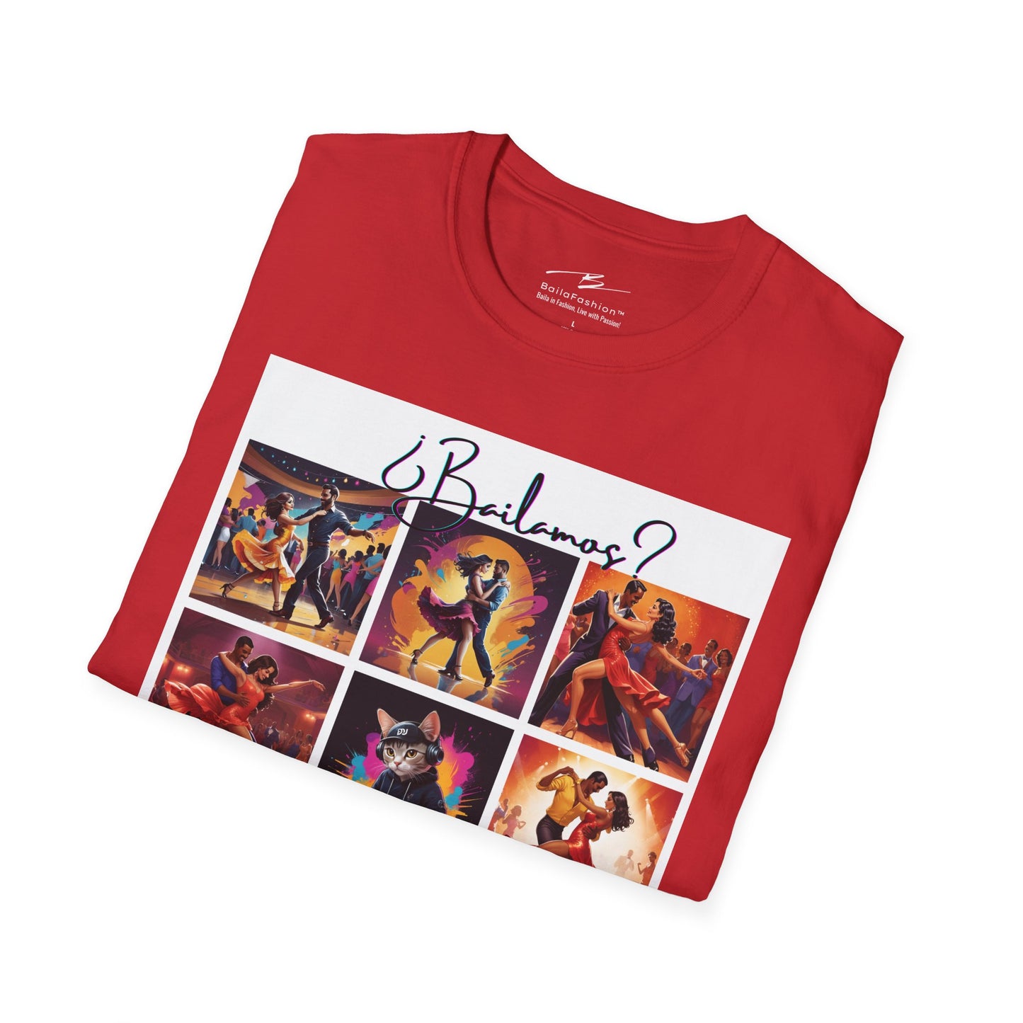 Bailamos? Latin Dance Collage T-Shirt | DJ Cat Salsa Bachata Scenes | Vibrant Dancer Art | BailaFashion Streetwear | Dance Practice Tee