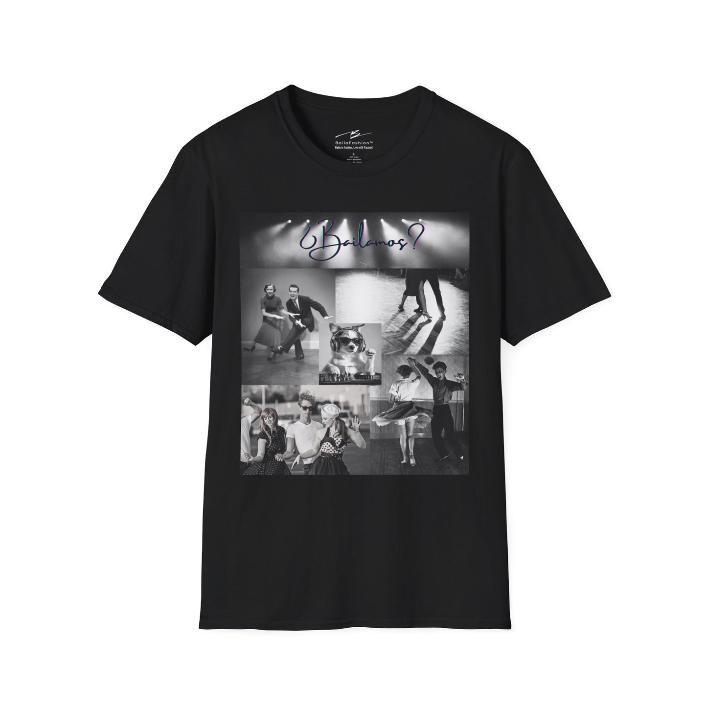 Bailamos Dance Collage T-shirt | DJ Dog Latin Dance Scenes | Salsa Bachata Vintage Dancer Gift | BailaFashion Dance Lifestyle | Practice Tee