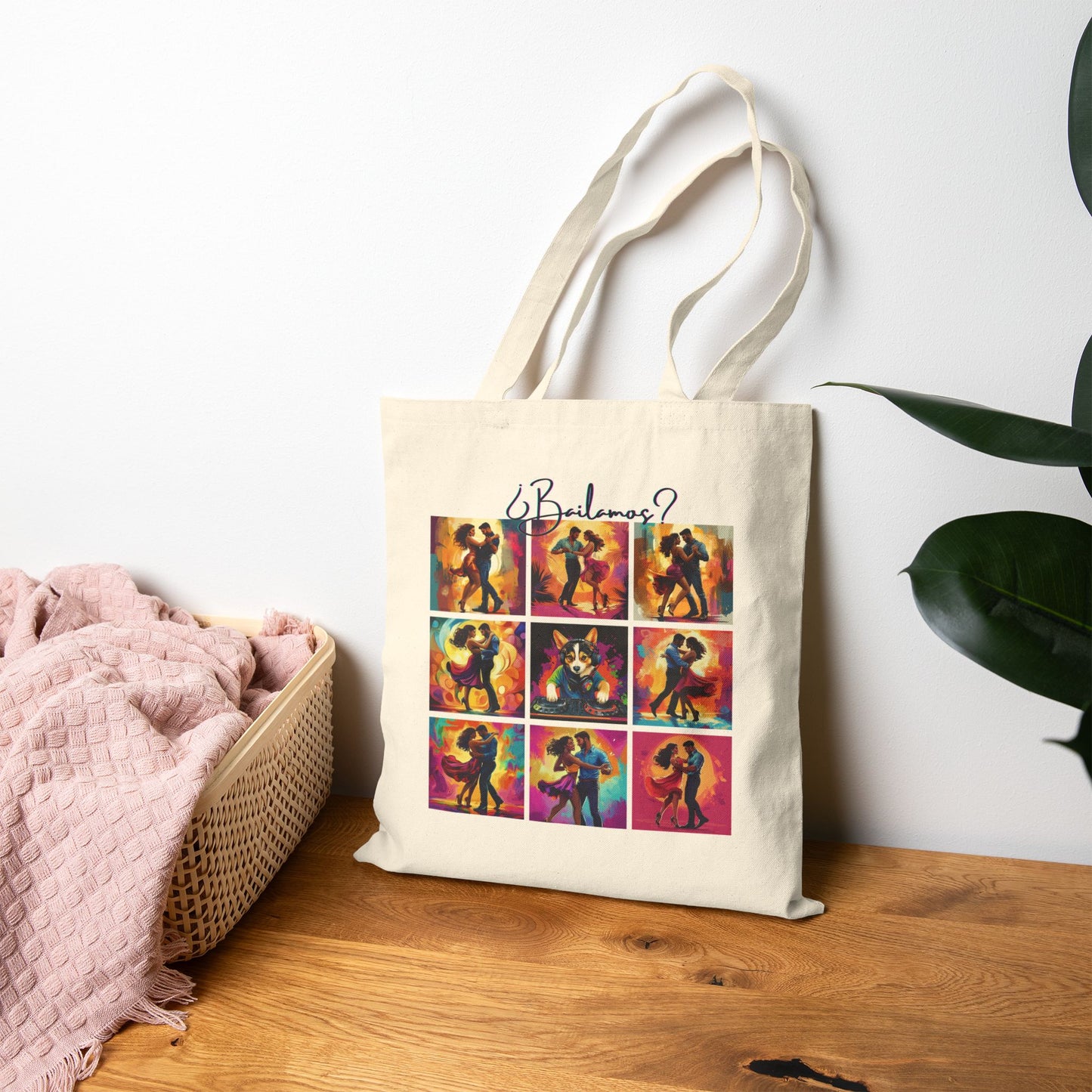 Bailamos Latin Dance Collage Tote Bag | Modern Dance Art | Colorful Couple Illustrations | DJ Dog Design | BailaFashion Dance Lifestyle