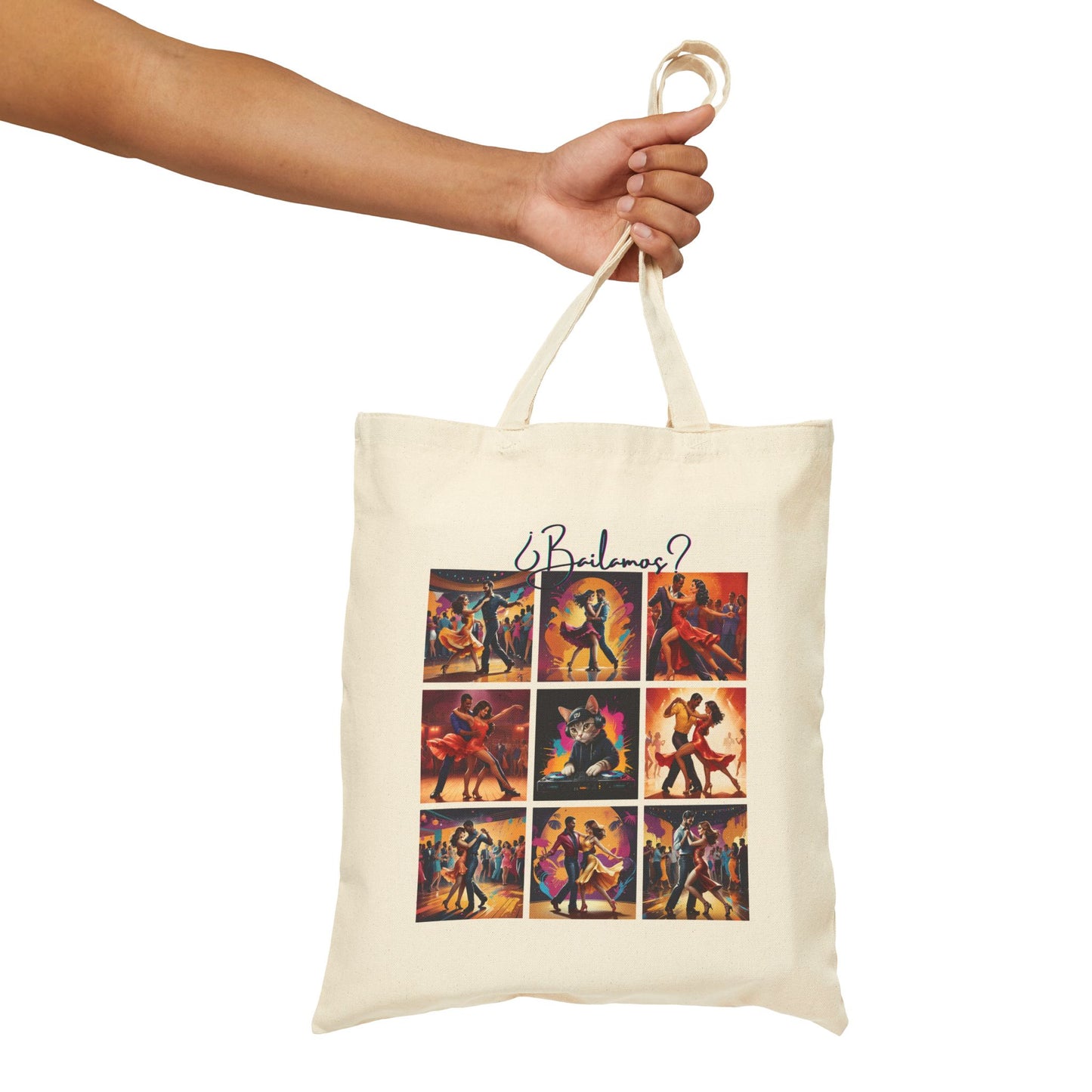 Bailamos Salsa Dance Grid Tote Bag | DJ Cat Collage Art | Latin Dance Couple Illustration | Dancer Gift | BailaFashion Dance Lifestyle