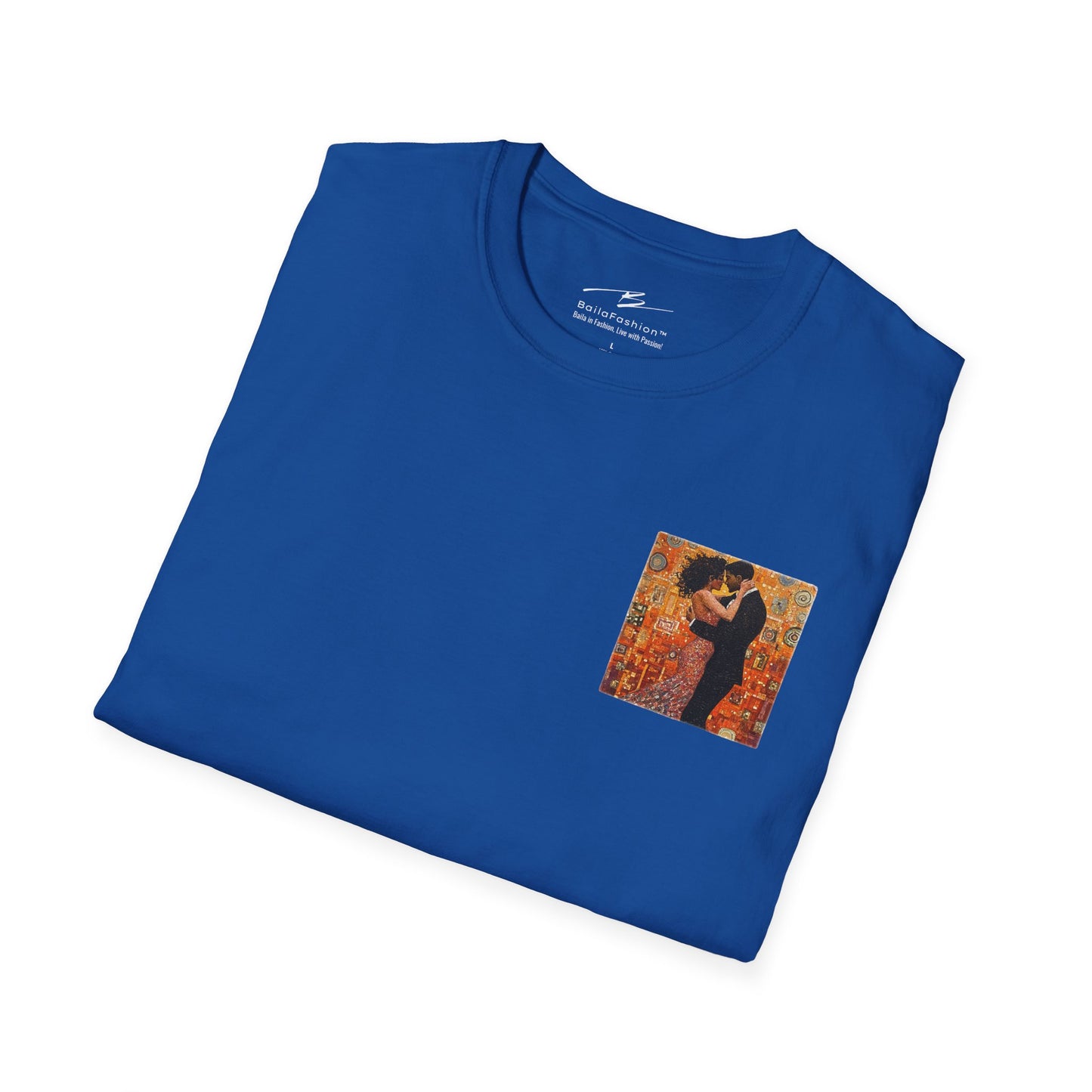 Amber Embrace Pocket Print T-Shirt | Klimt-Inspired Latin Dance Art | Salsa Bachata Couple Top | Unisex Studio Wear | Dance Lifestyle