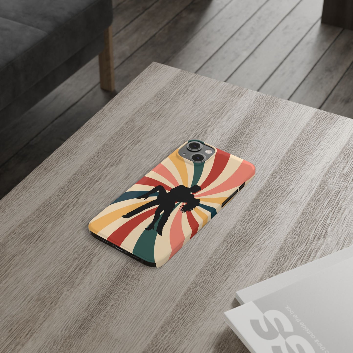 Dramatic Dip iPhone Case | Retro Swirl Background | Latin Dance Silhouettes | Vintage Dance Art | BailaFashion Dance Lifestyle