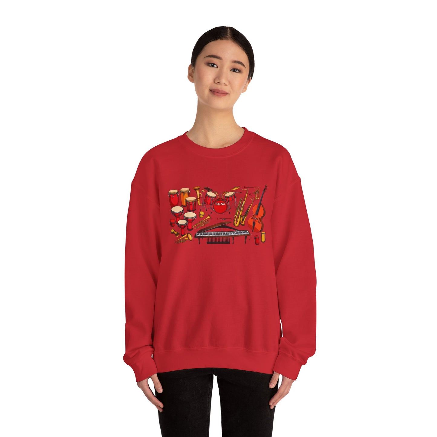Salsa Orchestra Instruments Sweatshirt | Latin Music Band Art | Musician Dancer Gift | Vibrant Red Gold Design | Comfy Casual Couple Wear