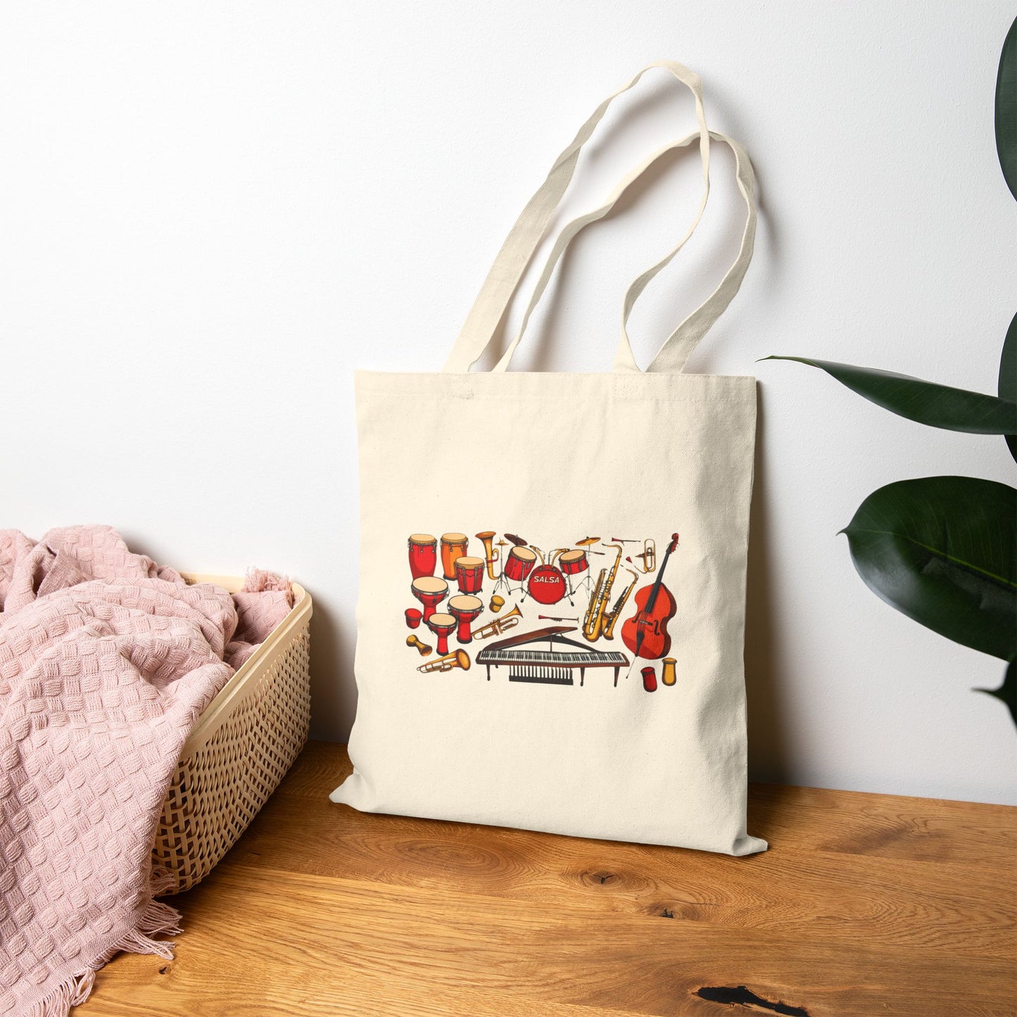 Salsa Orchestra Instruments Tote Bag | Latin Music Band Art | Musician Dancer Gift | Vibrant Red Gold Design | Cotton Canvas Tote Bag