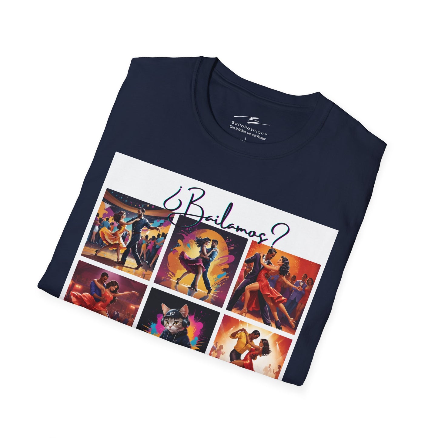 Bailamos? Latin Dance Collage T-Shirt | DJ Cat Salsa Bachata Scenes | Vibrant Dancer Art | BailaFashion Streetwear | Dance Practice Tee