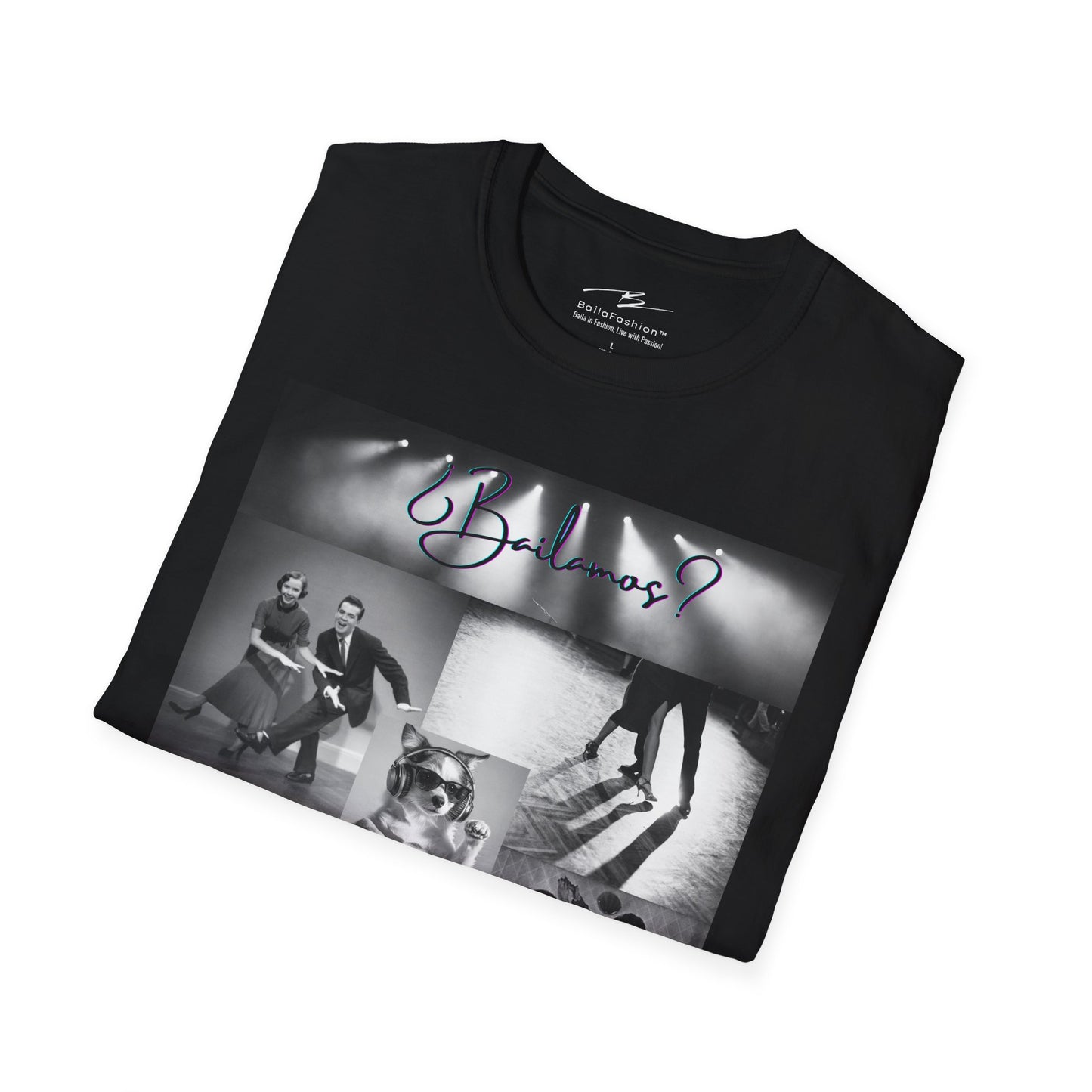 Bailamos Dance Collage T-shirt | DJ Dog Latin Dance Scenes | Salsa Bachata Vintage Dancer Gift | BailaFashion Dance Lifestyle | Practice Tee
