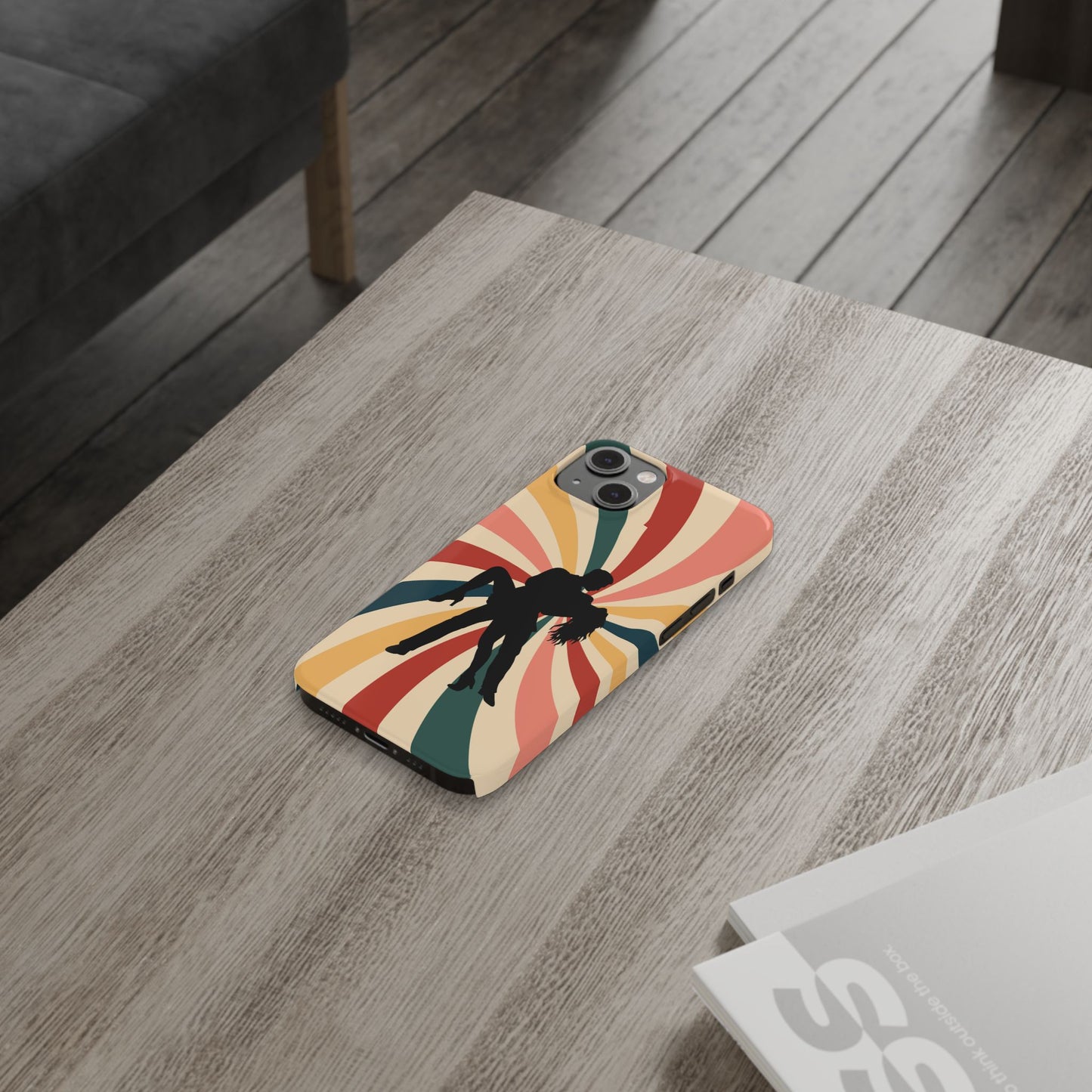 Dramatic Dip iPhone Case | Retro Swirl Background | Latin Dance Silhouettes | Vintage Dance Art | BailaFashion Dance Lifestyle