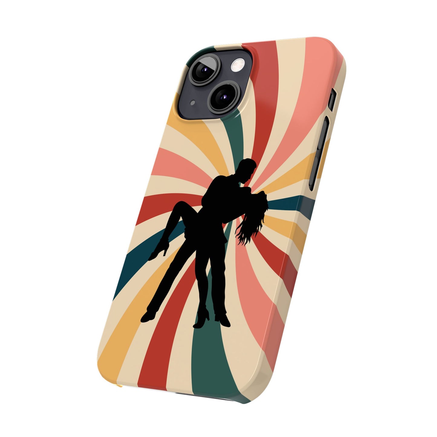 Dramatic Dip iPhone Case | Retro Swirl Background | Latin Dance Silhouettes | Vintage Dance Art | BailaFashion Dance Lifestyle