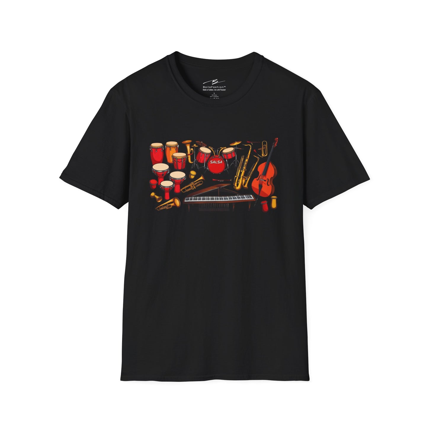 Salsa Orchestra Instruments T-Shirt | Latin Music Band Art | Musician Dancer Gift | Vibrant Red Gold Design | Comfy Couple Casual Wear